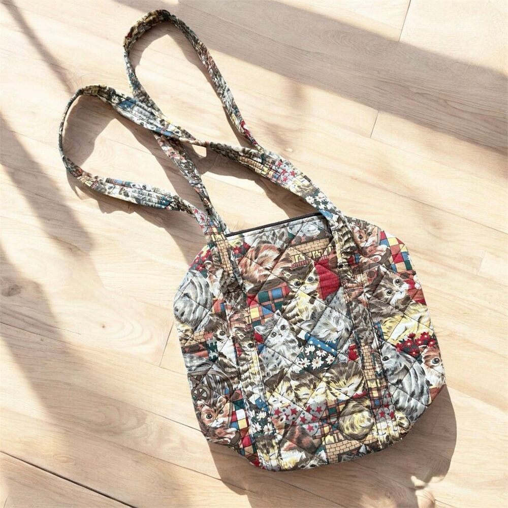 Vintage 1990s Cat Tapestry Quilted Bag Purse Tote Fabric Shoulder - Picture 2 of 8